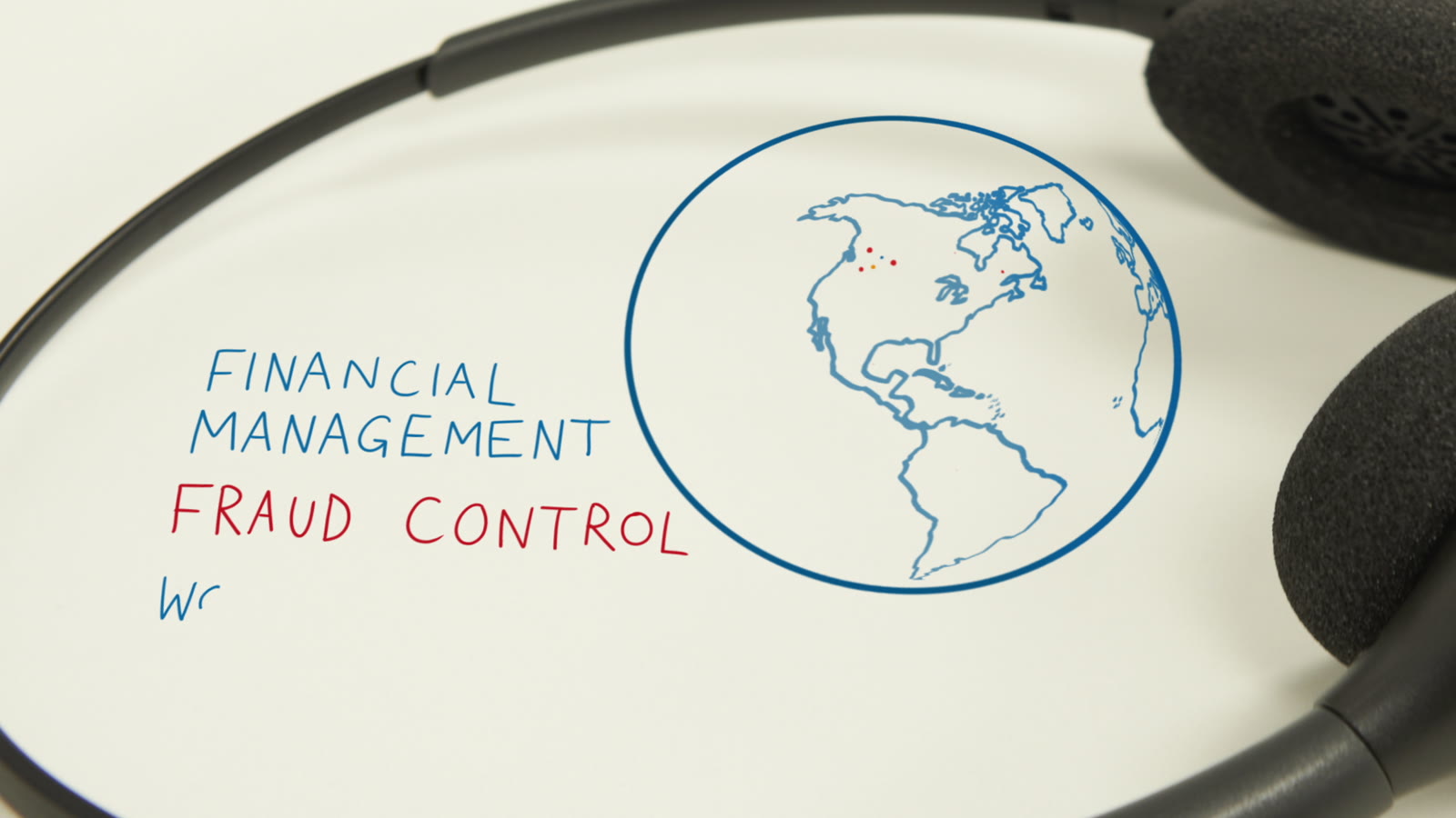 Access Prepaid, a whiteboard diagram reading Financial Management, Fraud Control, beside a hand drawn globe