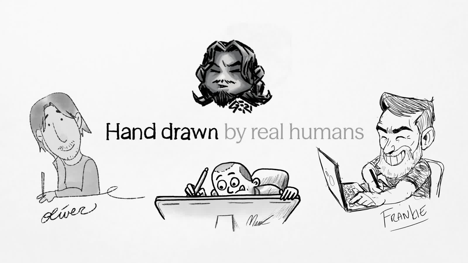 Lightfern, three named illustrators, Oliver, Max and Frankie, under the line Hand drawn by real humans
