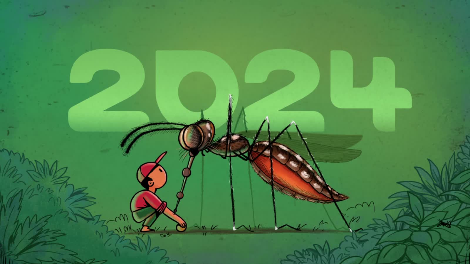 Merck, a large illustrated mosquito beside a 2024 title card